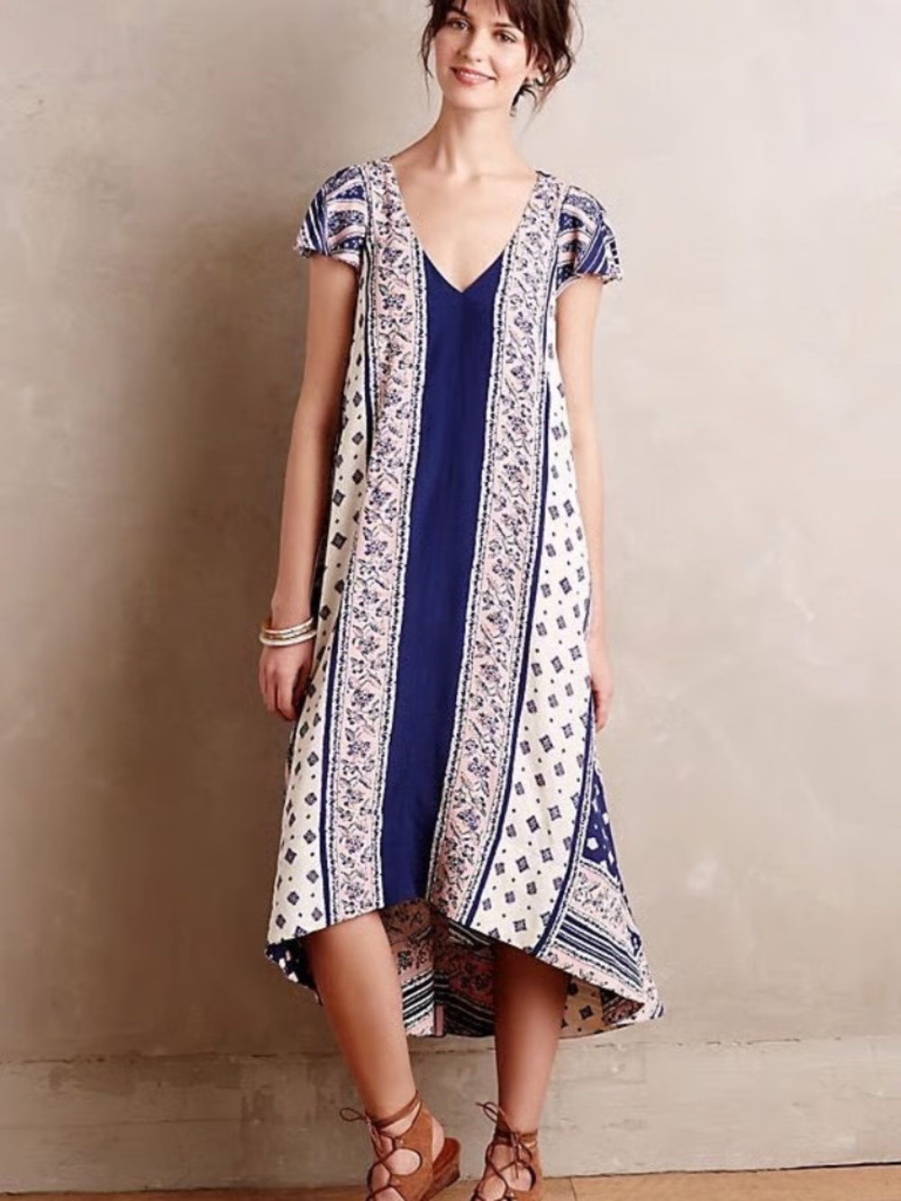 Anthropologie Maeve Patchwork Floral High-Low Flutter Sleeve Dress L